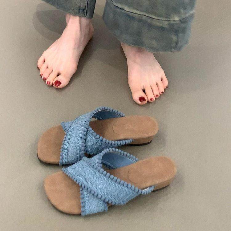 英国真皮厚底坡跟编织凉拖鞋女夏外穿2026新款亚麻波西米亚一字拖