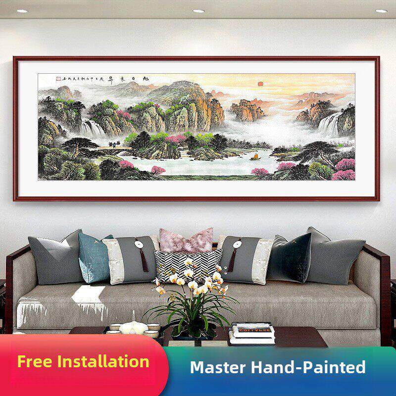 大气朝日东升客厅人物装饰手绘沙发背景墙挂画聚宝盆山水墙中国画