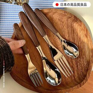 316不锈钢勺子家用餐具ins风儿童吃饭勺小号彷木纹叉子甜品蛋糕叉