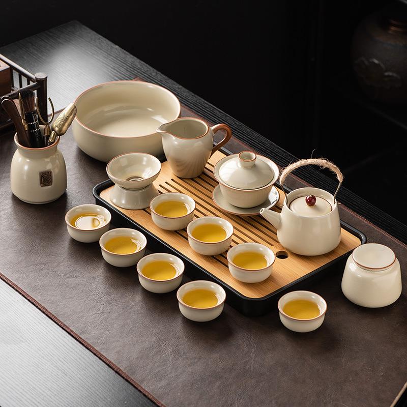 汝窑中式功夫茶具套装2024新款家用陶瓷西施壶悬停盖碗茶杯一整套