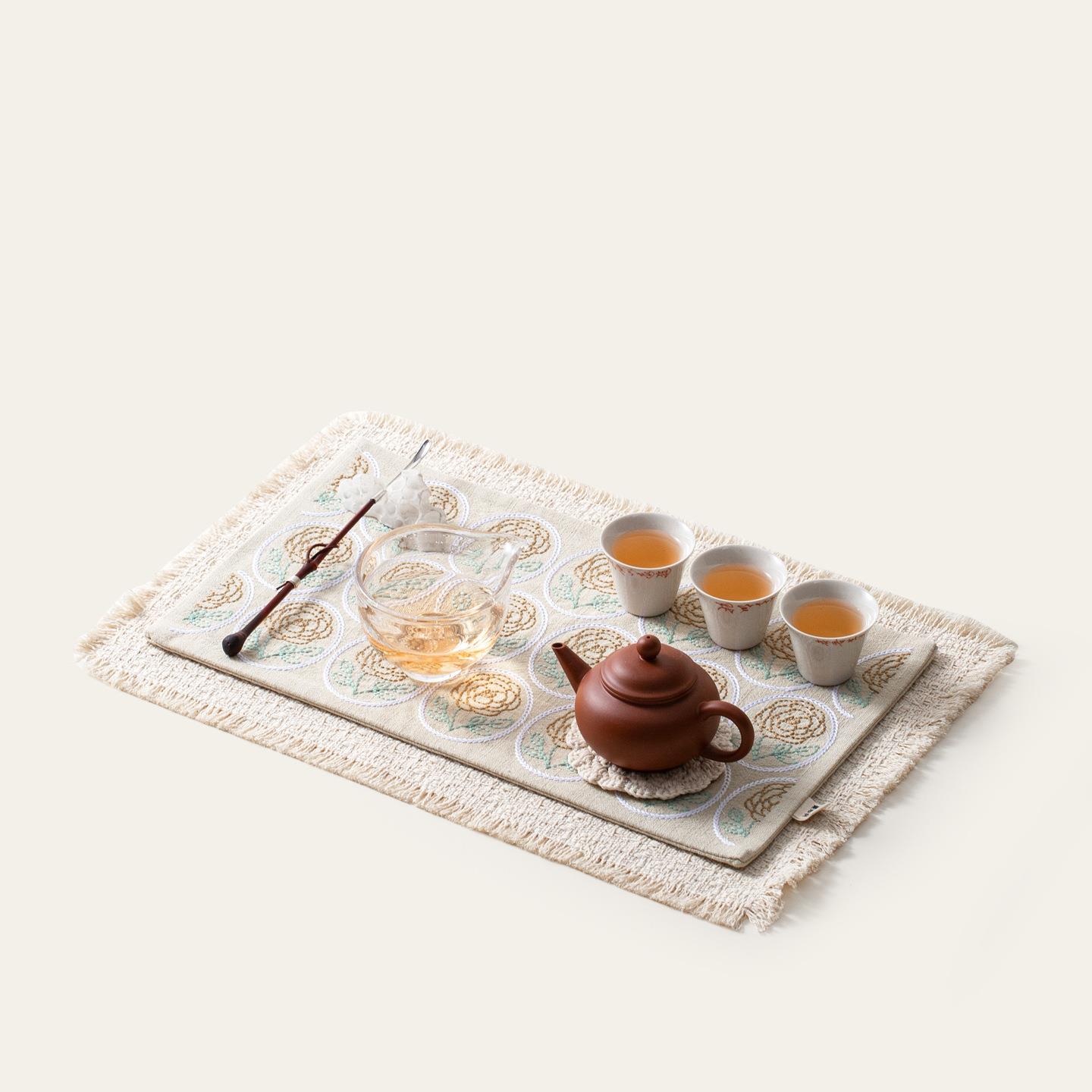 布艺刺绣茶席国风双层干泡茶垫茶道装饰茶桌布茶席桌旗手工布垫子