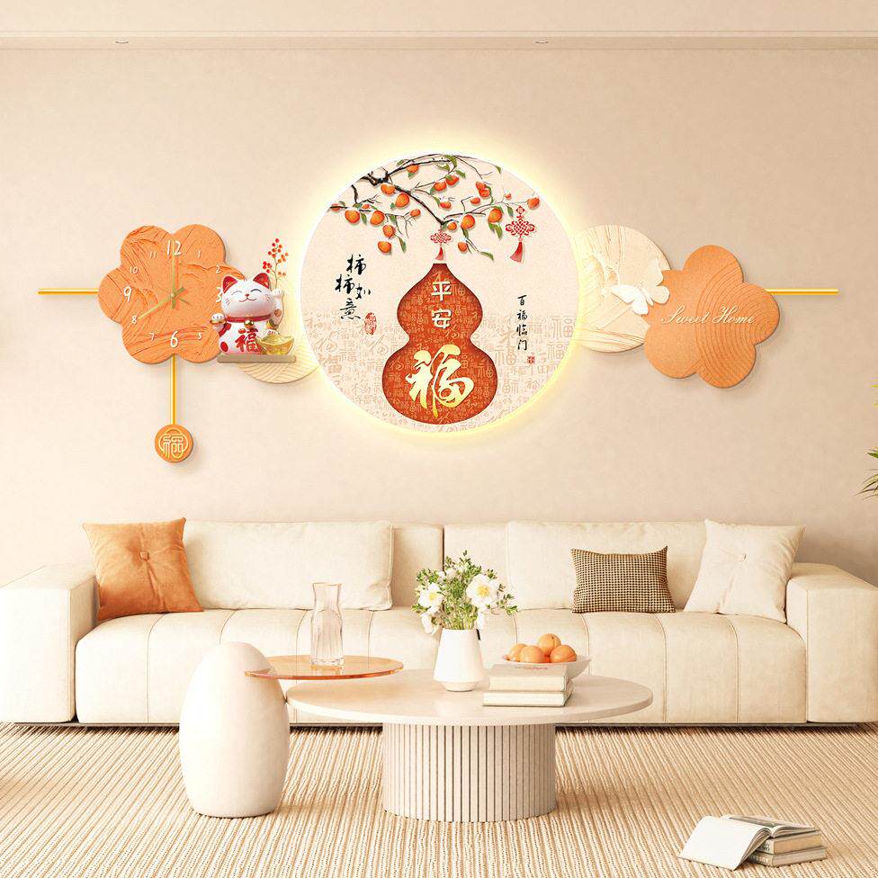 葫芦沙发背景墙挂画客厅装饰画高级感2026新款发光灯画带钟表壁画