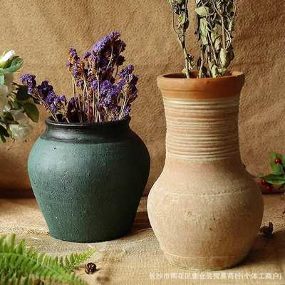 仿古粗陶陶罐花瓶花器多肉花盆复古土陶透气干花做旧土罐瓦罐坛子
