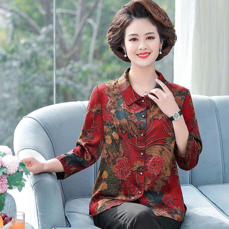 中老年人衣服女桑蚕丝衬衫翻领大尺码妈妈夏装真丝上衣薄款套装衬