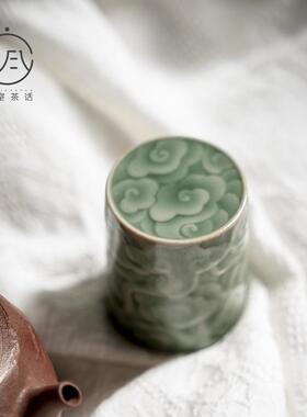 青瓷浮雕祥云盖置盖碗托复古茶台摆件家用紫砂壶盖托茶道配件