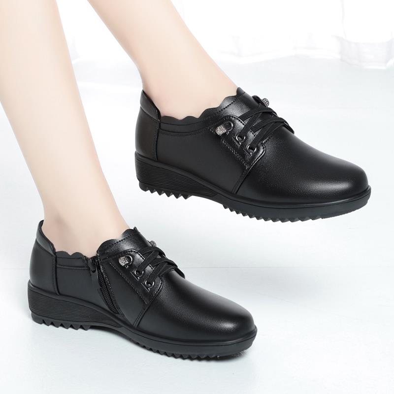 高档春秋新款真皮妈鞋鞋平跟牛筋软底中老年皮鞋妈防滑休闲作工女