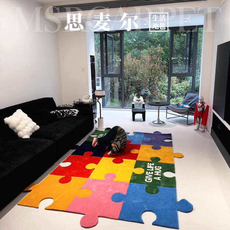 欧美轻奢高级彩色异形拼图客厅茶几地毯卧室书房衣帽间床边毯满铺