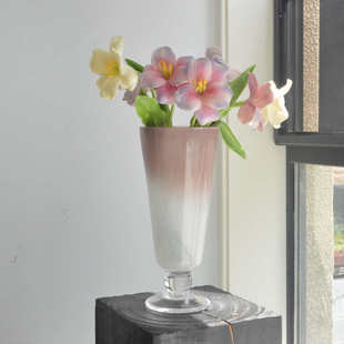 粉色渐变高脚琉璃花瓶法式复古风灯氛围感高级艺术花器插花摆件