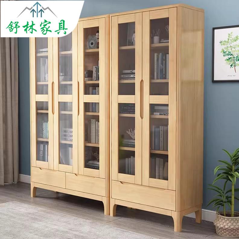 北欧全实木书柜落地书架带玻璃门客厅卧室展示高柜小型两门置物架