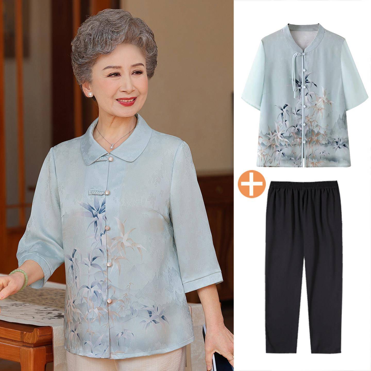 奶奶装夏装五分袖衬衫妈妈太太七分袖雪纺衬衫服女70岁80老年人套