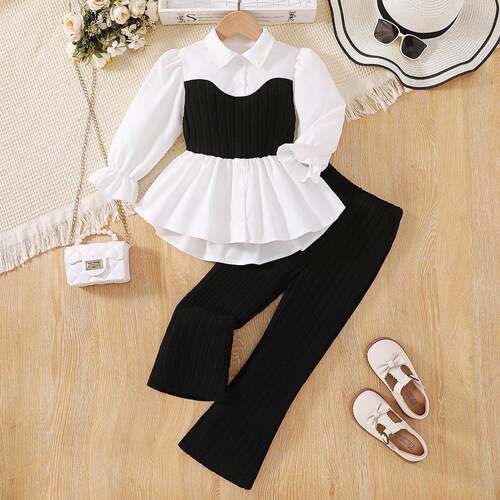 Girls' Patchwork Set, Sweet Elegant Design, Ruffled Top &
