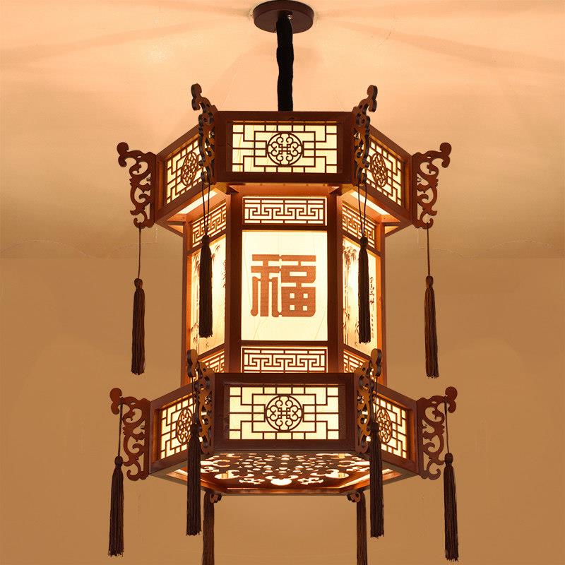 中式复古实木宫灯仿古羊皮吊灯宫廷别墅祠堂寺庙长廊亭子六角灯笼