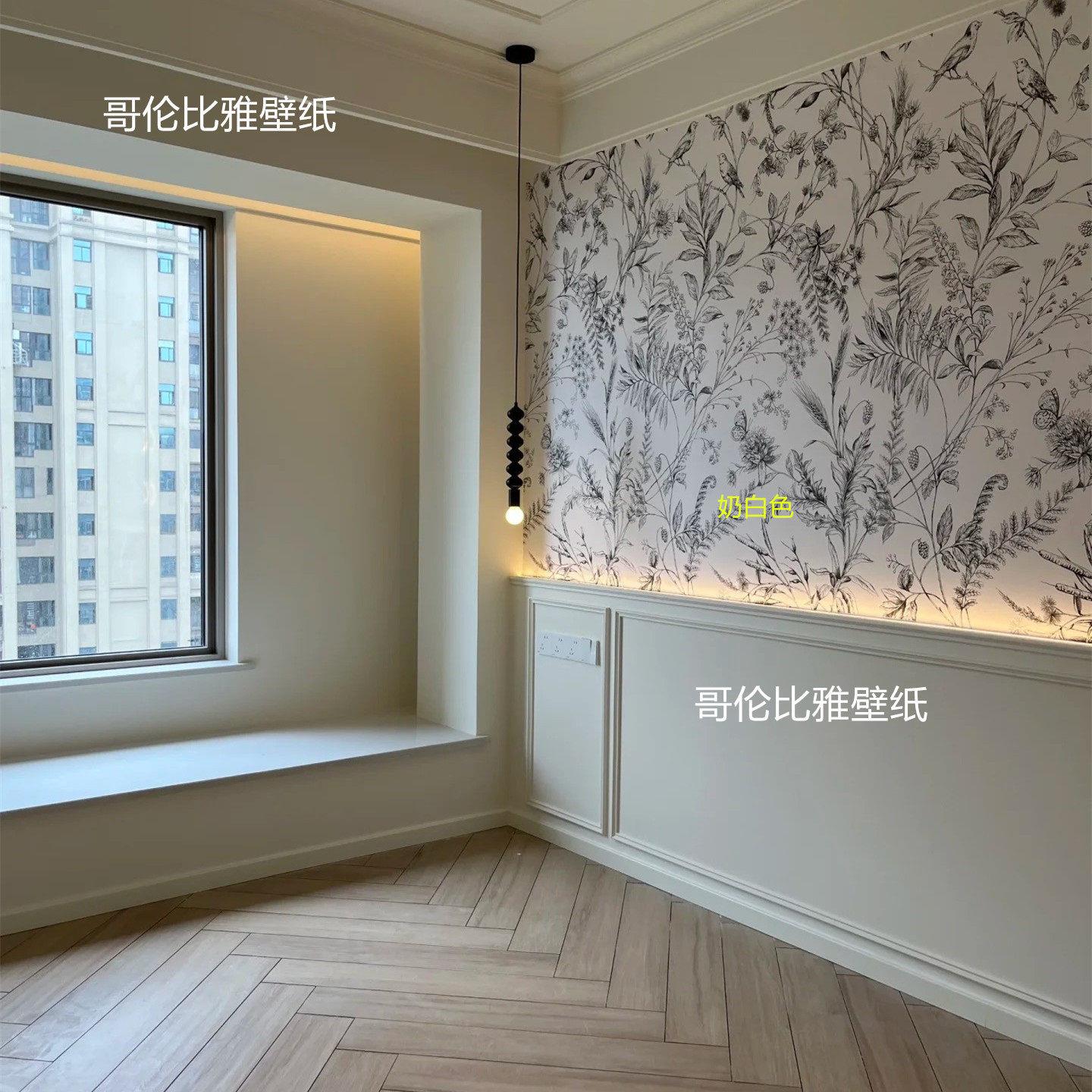 法式复古风卧室壁纸黑白花鸟壁纸美式田园墙壁布北欧简约无缝壁画