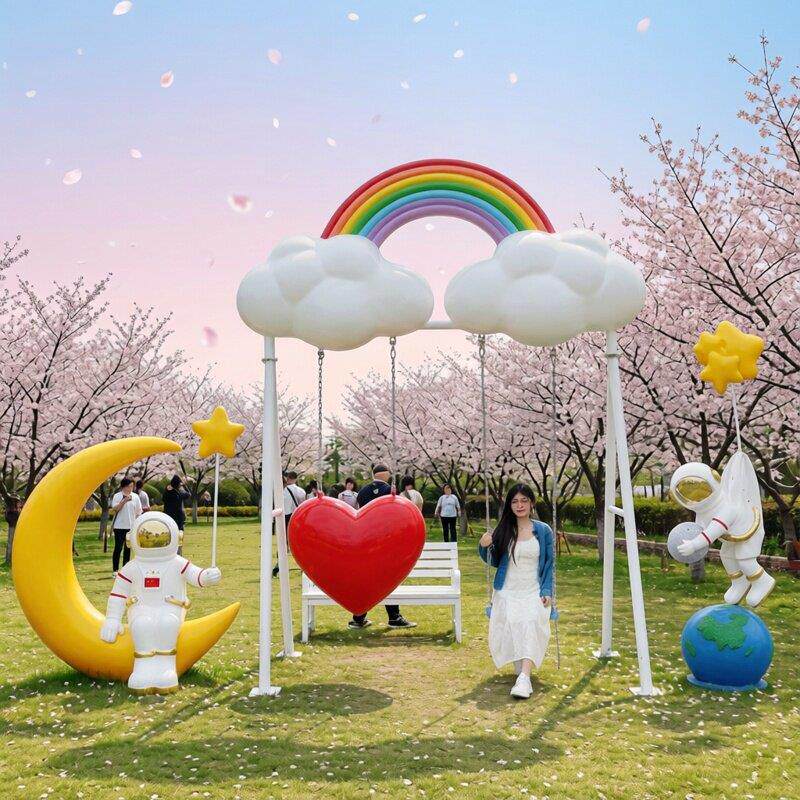 网红云朵秋千玻璃钢雕塑景区公园露营地打卡花朵相框落地装饰摆件