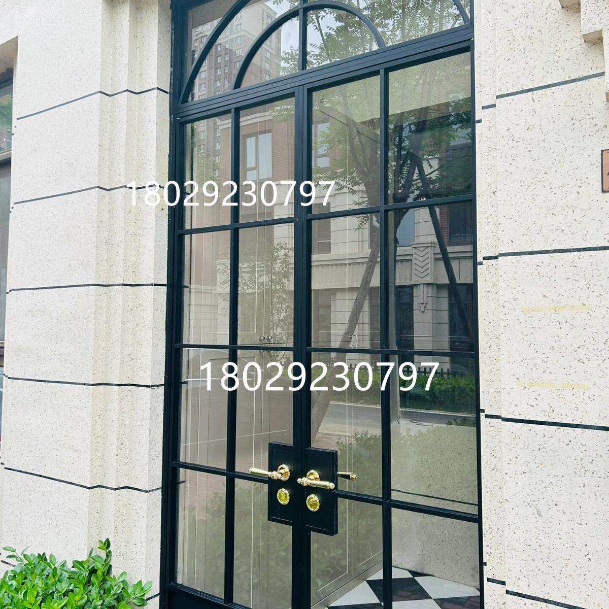 弧形方形格子铁艺玻璃入户门商铺防盗双开门美式平开门