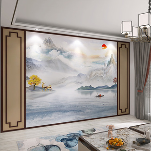 山水画电视背景墙壁纸客厅装 3d立体壁画影视墙新中式 饰墙纸8d壁布