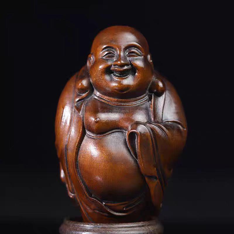 黄杨木老货旧藏笑脸大肚弥勒佛手把件文玩实木雕刻中式工艺品挂件