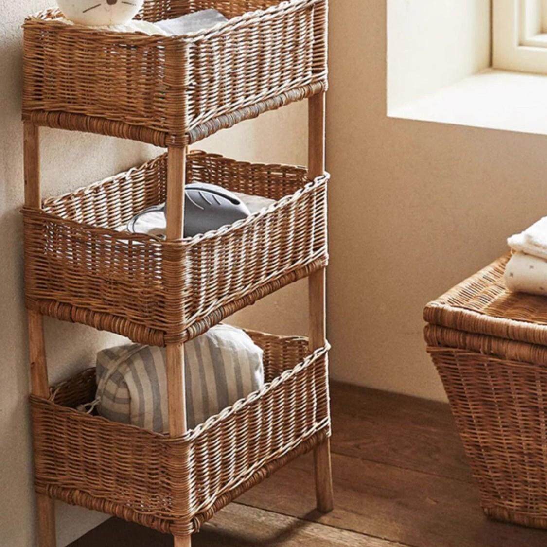 天然藤编置物架落地三层可水洗多层实木收纳架整理收纳筐田园风