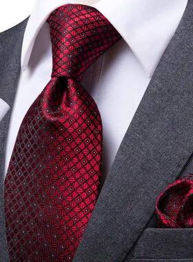 Hi-Tie Designer Red Burgundy Plaid Silk Wedding Tie For Men