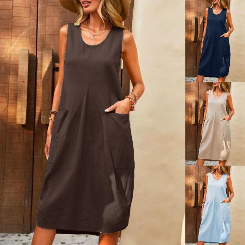 Women's dress with cotton and linen sleeveless图片