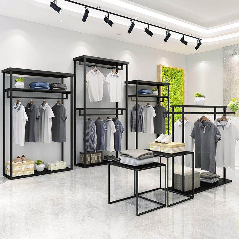 现代简约服装架落地男装女装店双层铁艺服装展示架三角中岛挂衣架
