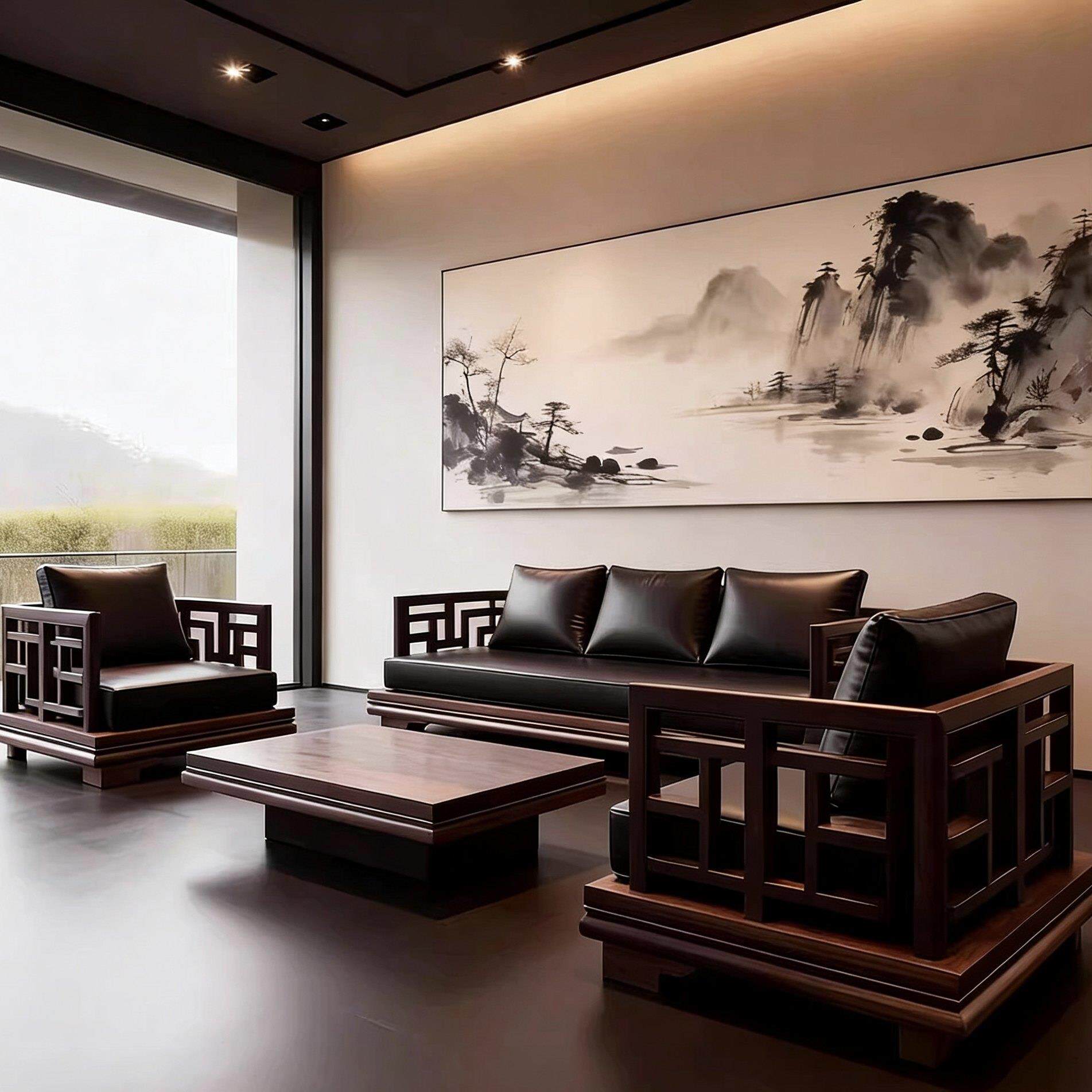 宋式美学客厅实木沙发2026新款高端新中式黑胡桃木直排小户型家俱