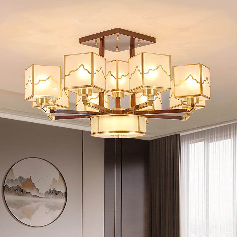 新中式吊灯全铜客厅灯高档大气2024年新款半吸顶别墅大厅餐厅主灯