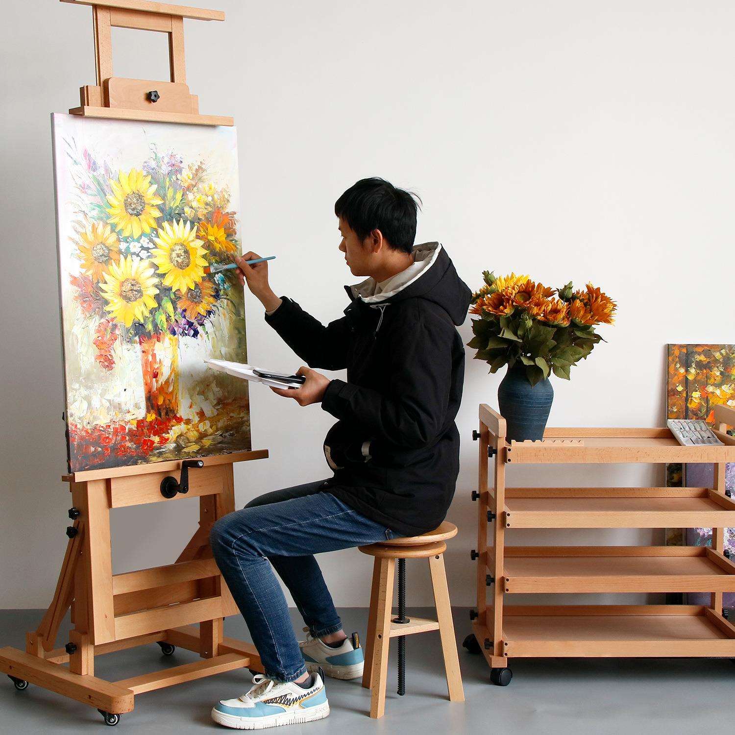 榉木画架角度可调节手摇升降带平放功能巨型油画架画车画凳画柜