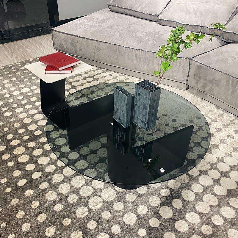 现代简约碳素钢圆形茶几边几组合客厅会谈设计师钢化玻璃轻奢茶桌