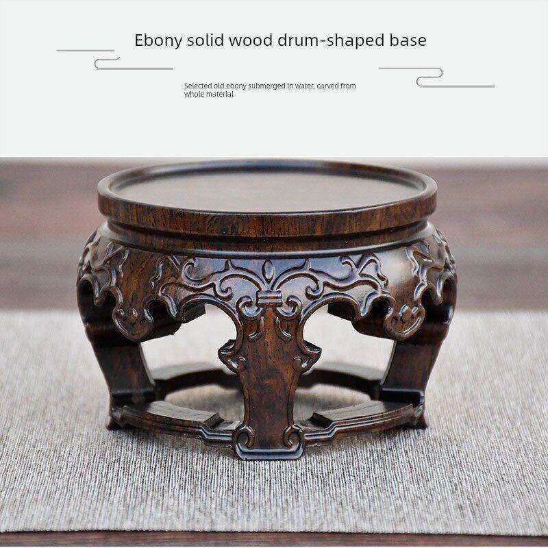 黑檀木实木底座整木雕刻紫砂茶壶座摆件托架奇石头文玩工艺品鼓形