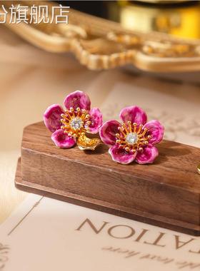 紫色珐琅花朵耳钉高级感AB款不对称锆石耳钉法式中古925银针耳饰