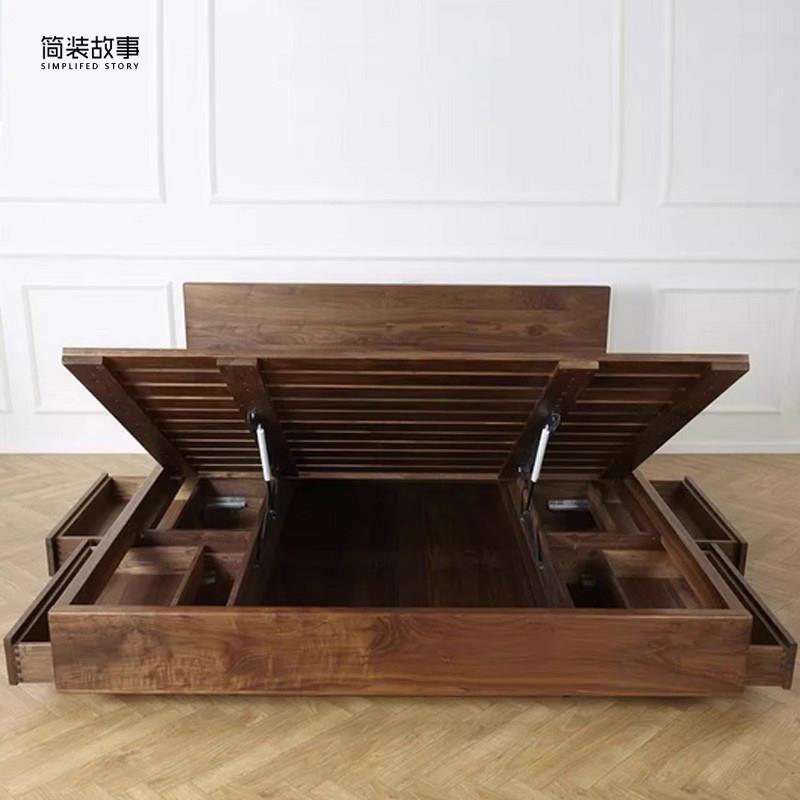 北美黑胡桃木床现代简约樱桃木抽屉储物床实木橡木高箱气压床定制