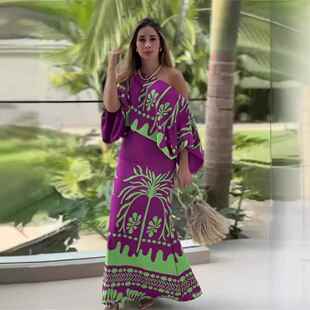 2026 Women'S 2 Pieces Outfit Tropical Print Lantern Sleeve