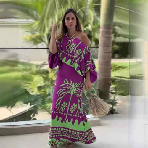2026 Women'S 2 Pieces Outfit Tropical Print Lantern Sleeve