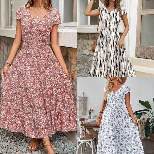 Women's Floral V-Neck Ultra Long Dress, Short Sleeve A-Line,
