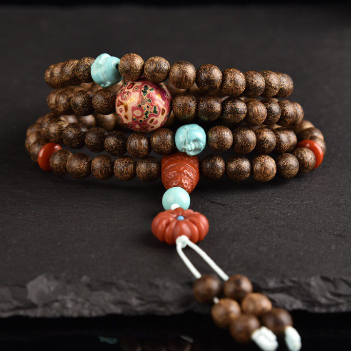 越南老料沉香8mm/108颗佛珠手串创意配饰大漆珠文玩木质收藏品