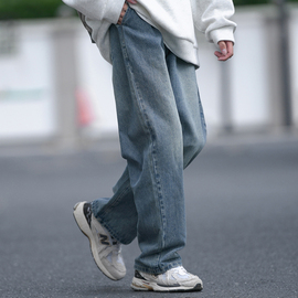 a春季男牛仔裤380g重磅抽绳做旧水洗复古色，百搭学生宽松直筒裤子