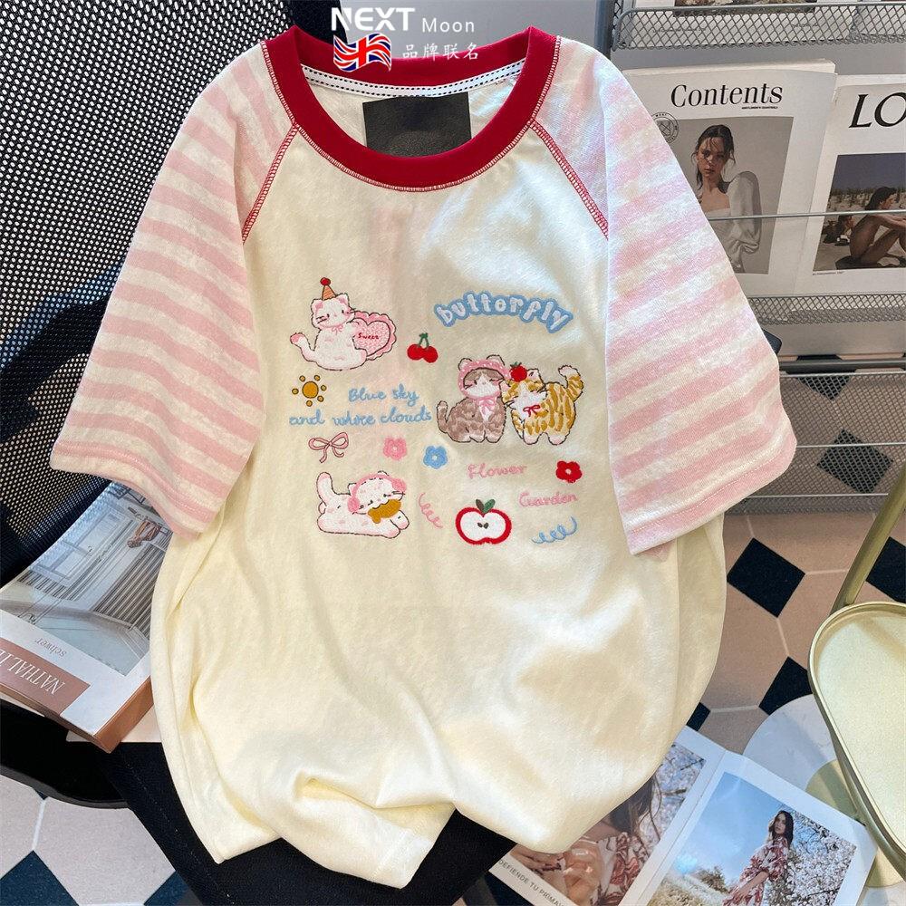 Next Moon英国联名日系软妹可爱猫咪刺绣短袖t恤女夏季新款减龄