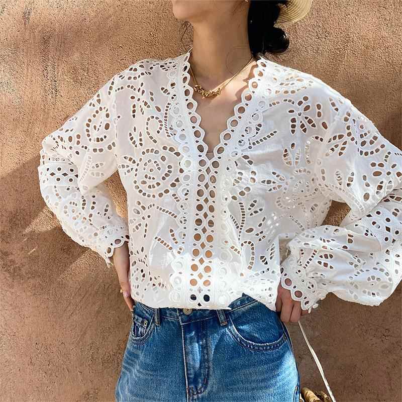 Cotton Embroidered White Shirt Women Long Sleeve Shirt