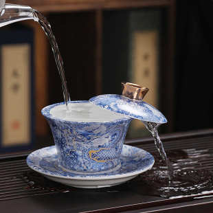 泡茶碗 陶瓷掐丝银龙可悬停旋转盖碗茶杯家用单个高档三才茶具套装