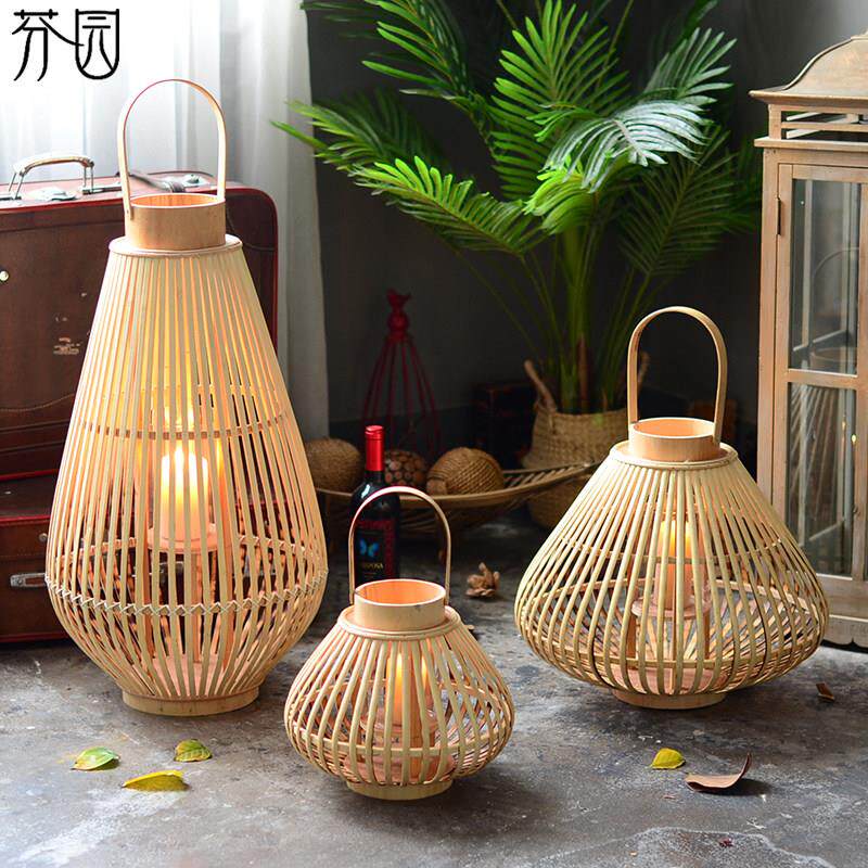 自然风竹编灯笼风灯北欧创意蜡烛台婚庆道具烛台北欧橱窗摆设摆件