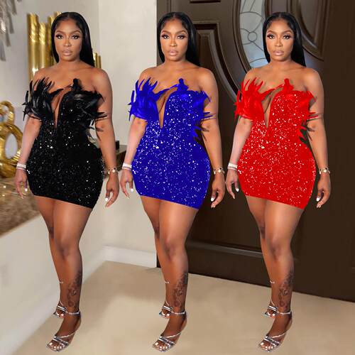 Sequin Deep VNeck Strapless Feather Bodycon Short Dress