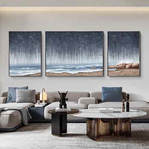 抽象星空客厅装饰画现代轻奢沙发背景墙挂画高档海浪肌理三联壁画