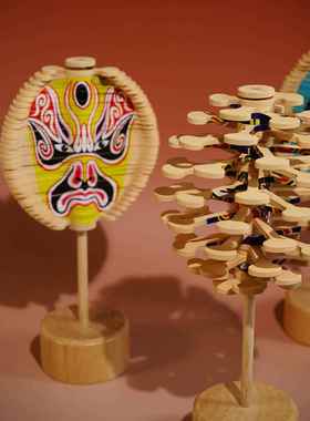 京剧脸谱旋转树斐波那契螺旋树木质棒棒糖变脸解压工位桌面小摆件