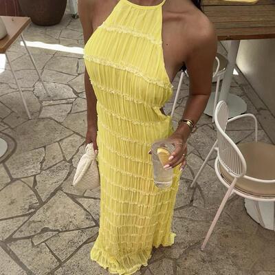 Women's Ruched Bodycon Long Dress Sleeveless Backless Solid