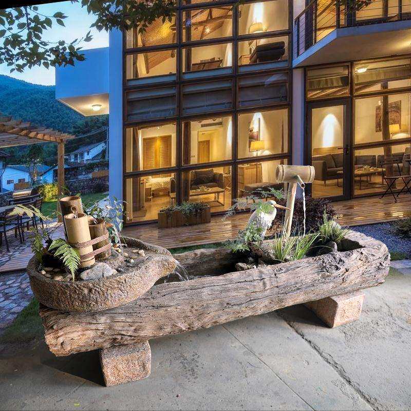 复古仿木石槽喷泉庭院竹子流水民宿摆件花园布景餐厅