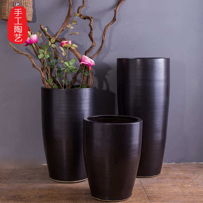 落地黑色新中式宽口大号陶瓷花盆干支陶罐花瓶酒店餐厅橱窗摆设件,鲜花速递/花卉仿真/绿植园艺,花盆,淘宝优惠券,粉丝福利购,淘宝优惠卷