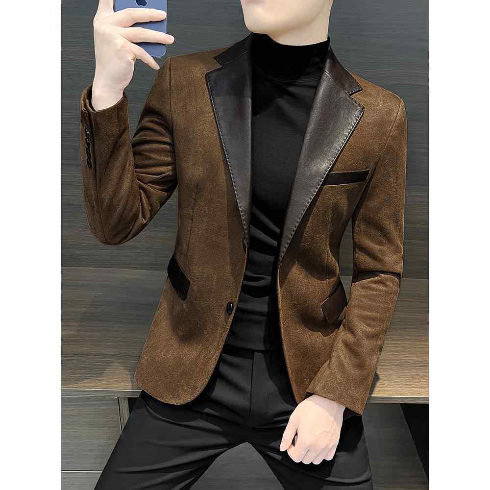 TWG鹿皮绒西装外套男士春秋2024新款爆款高级感痞帅拼接休闲西服