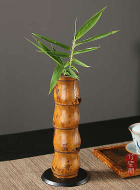 竹柒阁中式大漆佛肚竹花器插花竹编器皿水培竹筒花瓶花盆竹子摆件
