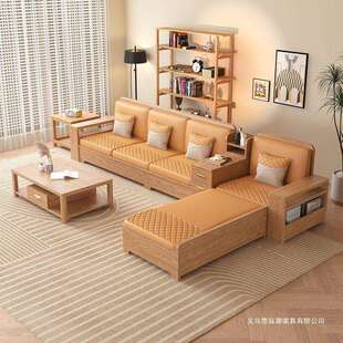 白蜡实木贵妃沙发床现代简约冬夏两用多功能高箱储物原木色沙发